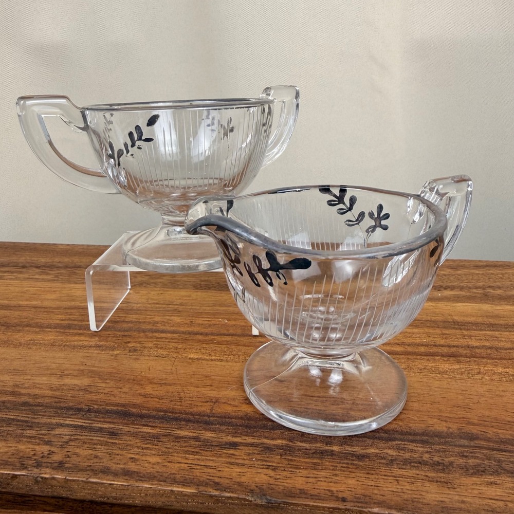 Vintage Art Deco Glass Creamer and Sugar Set  Floral Silver  Overlay Rim Ribbed